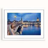 Abstract art print of a European landscape in muted green and blue tones, framed with a white mat.