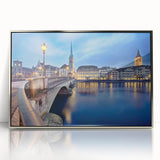 Mid-century modernist art depicting a serene Swiss landscape in muted earth tones on a framed acrylic print.