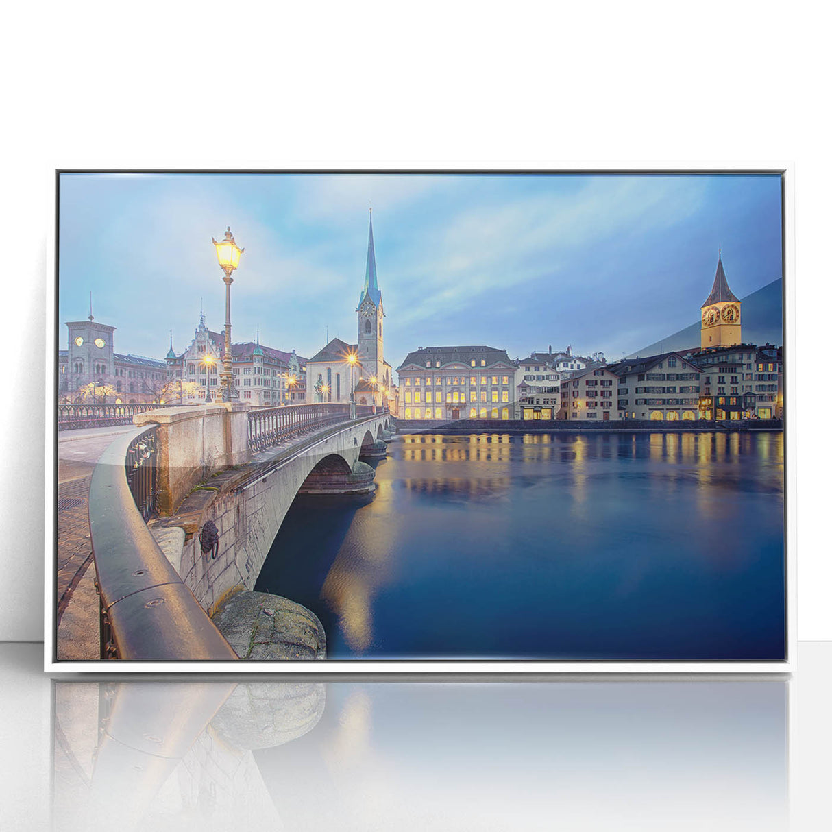 Acrylic print of a serene Swiss landscape in soft pastel colors, framed in white, suitable for modern art wall decor.
