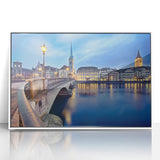 Acrylic print of a serene Swiss landscape in soft pastel colors, framed in white, suitable for modern art wall decor.