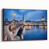 Black and white framed canvas of a vintage Swiss landscape, ideal for bedroom wall decor.