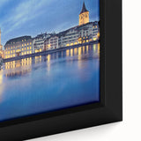 Extra large framed canvas of a textured Swiss landscape in black with colorful accents, ideal for living room decor.