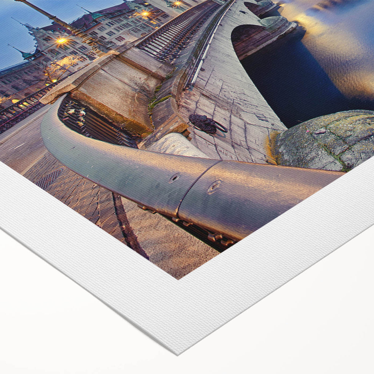 Art deco poster featuring a serene Swiss landscape in muted green and blue tones on rolled canvas.