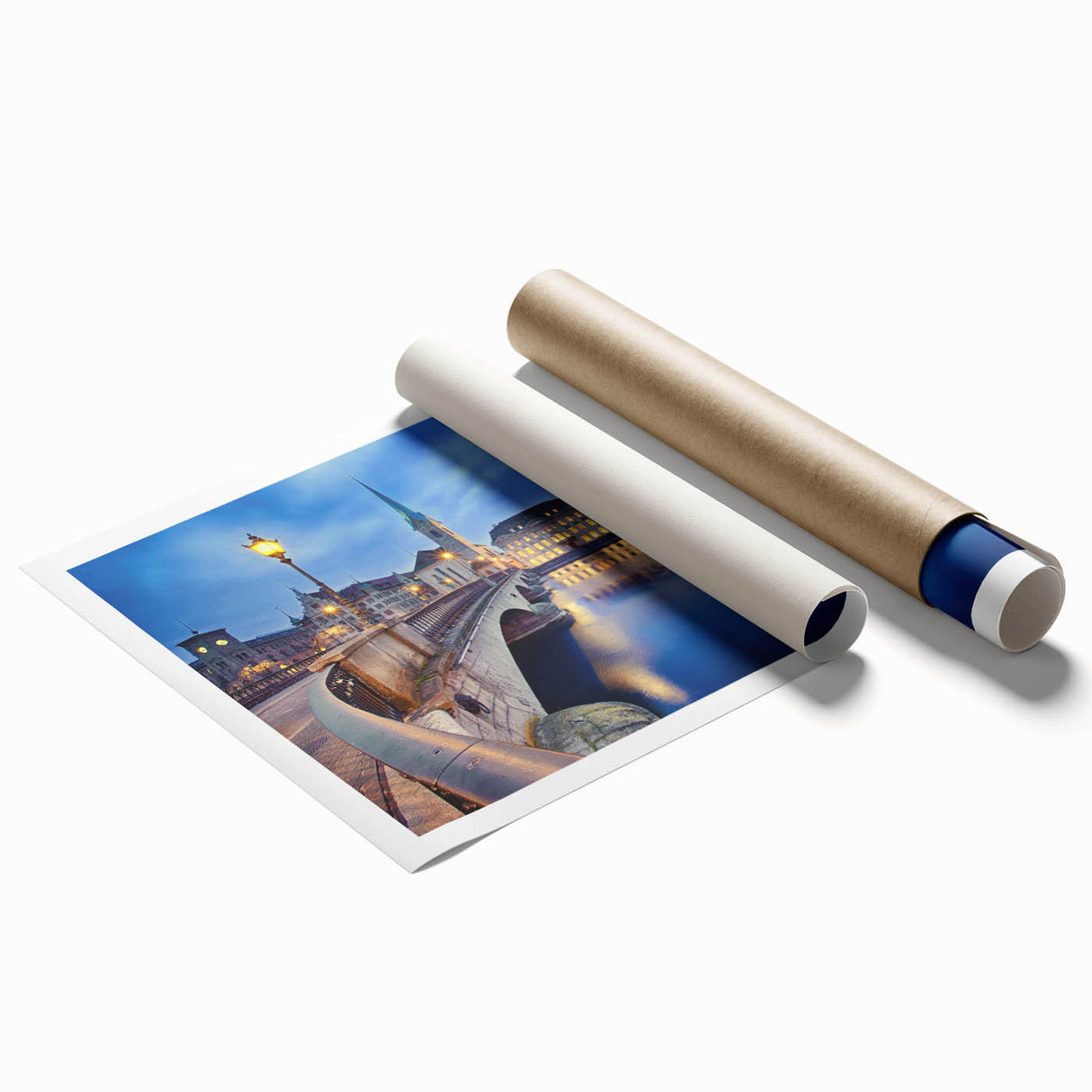 Extra large rolled print of a Swiss landscape with vibrant green meadows and distant mountains.
