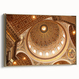 Framed canvas wall art featuring a vintage-style landscape painting of the Vatican, with a black and gold color palette.