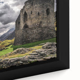 Framed canvas of a textured, colorful European Welsh scenery in black, ideal for living room decor.