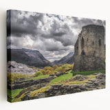 Scenic view of a Welsh landscape on a large stretched canvas, featuring green and earth tones, ideal for kitchen wall art.