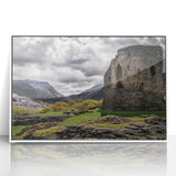 Framed acrylic print of a European Welsh landscape in muted green and blue tones, suitable for modern art wall decor.