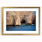 Extra large abstract art print of Baja California scenery in muted earth tones, framed in gold, ideal for living room decor.