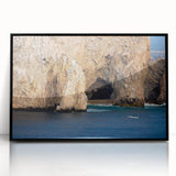 Large abstract wall art featuring a Baja California scenery in muted earth tones, framed in black acrylic.