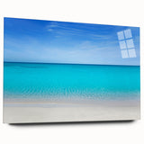 Large abstract wall art depicting a Cancun scenery in vibrant blues and greens on acrylic glass.