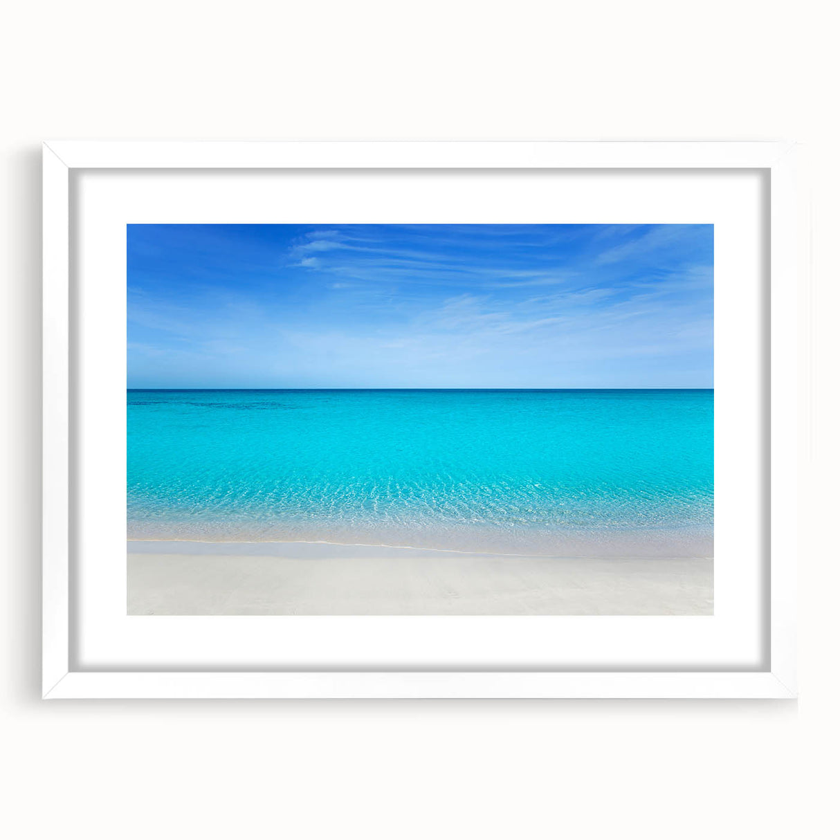 Abstract art print of Cancun scenery in muted blue and green tones, framed with a white mat.