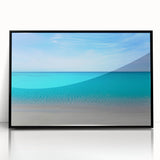 Large abstract wall art depicting Cancun scenery in mid-century modernist style, framed in black acrylic.