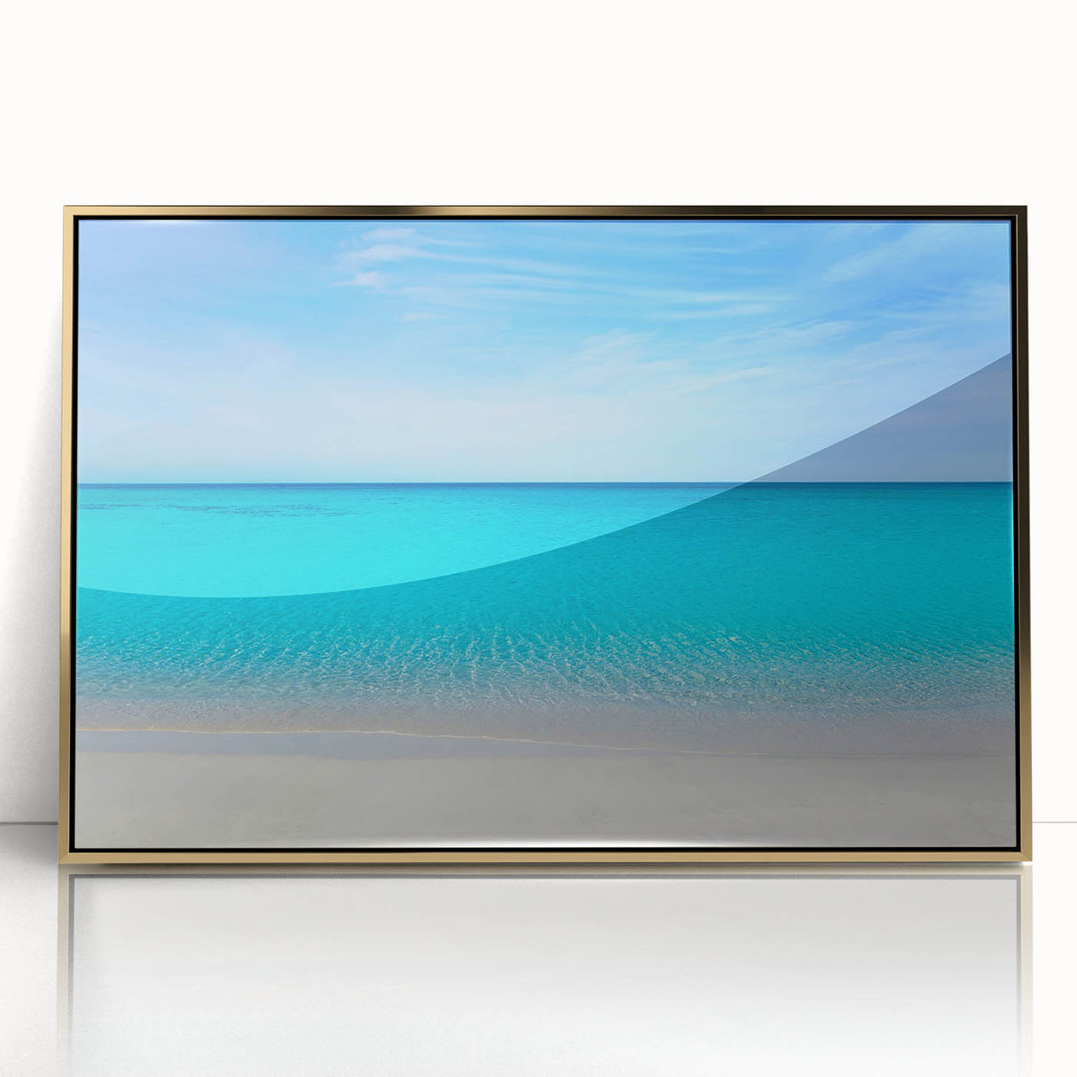 Large art print of Cancun scenery in mid-century modernist style, framed in gold acrylic, ideal for modern art wall decor.