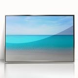 Mid-century modernist art of Cancun landscape in muted blue and green hues, framed acrylic print.