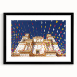 Abstract art print of Mexico City in vibrant colors on a textured, extra large canvas, framed in black.