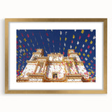 Extra large framed abstract art print of Mexico City with textured brush strokes in gold and earth tones.