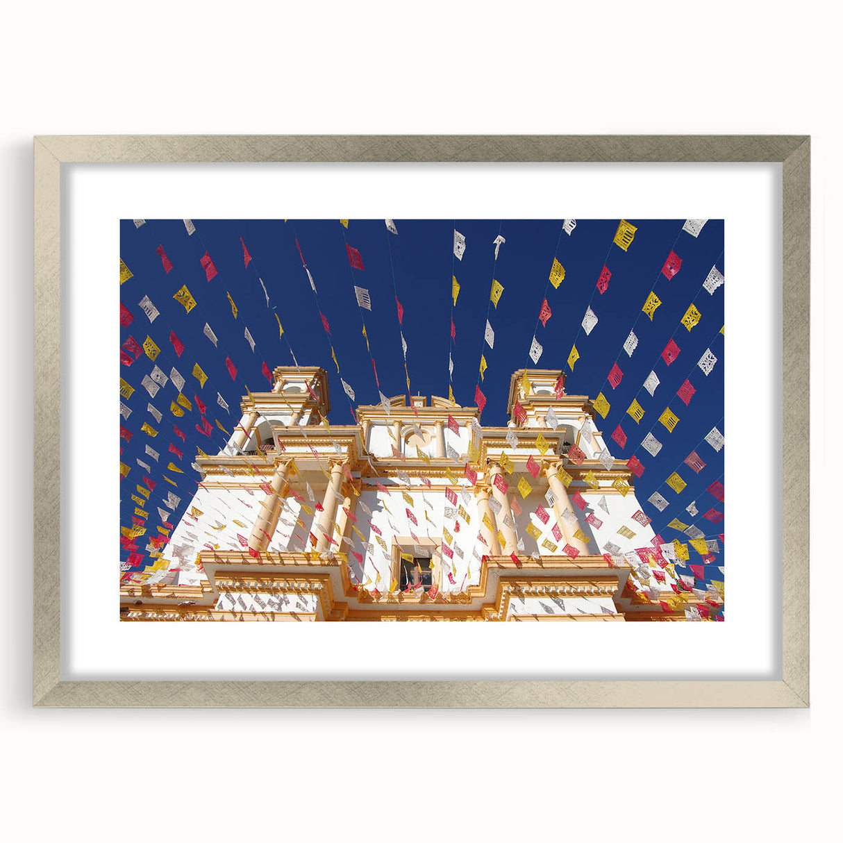 Textured art print of abstract Mexico City skyline in muted gray and silver tones, framed with a mat, ideal for bedroom art.