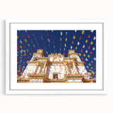 Abstract art print of Mexico City skyline in muted gray and blue tones on a framed white mat, ideal for dining room decor.