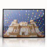 Large abstract wall art featuring a stylized Mexico City scene in muted earth tones, framed in black acrylic.