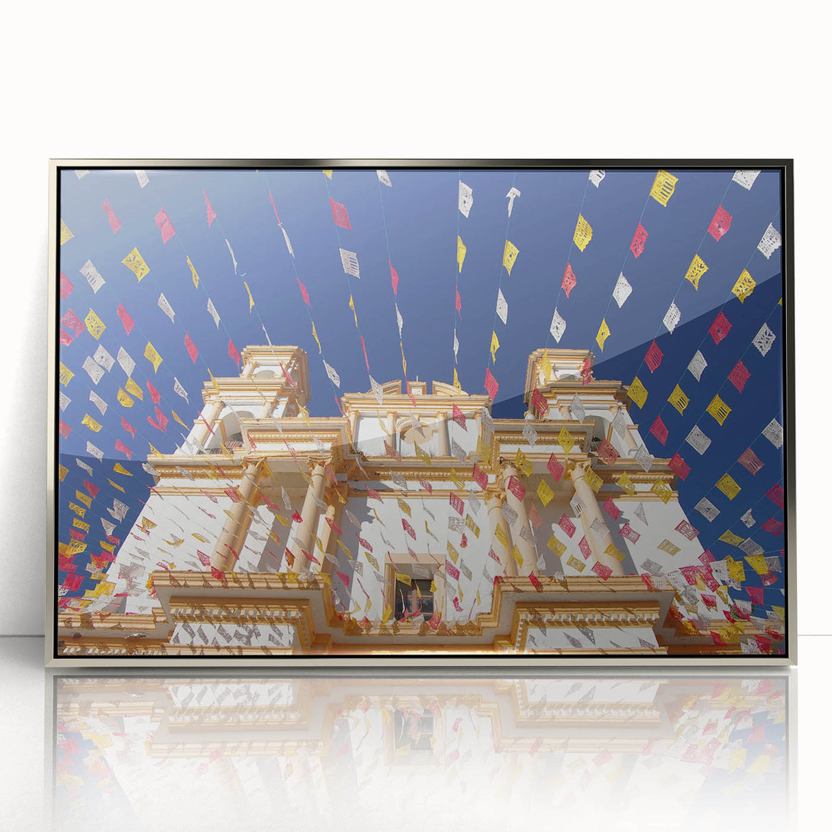 Mid-century modernist art of Mexico City in acrylic, framed in silver, featuring muted urban tones.