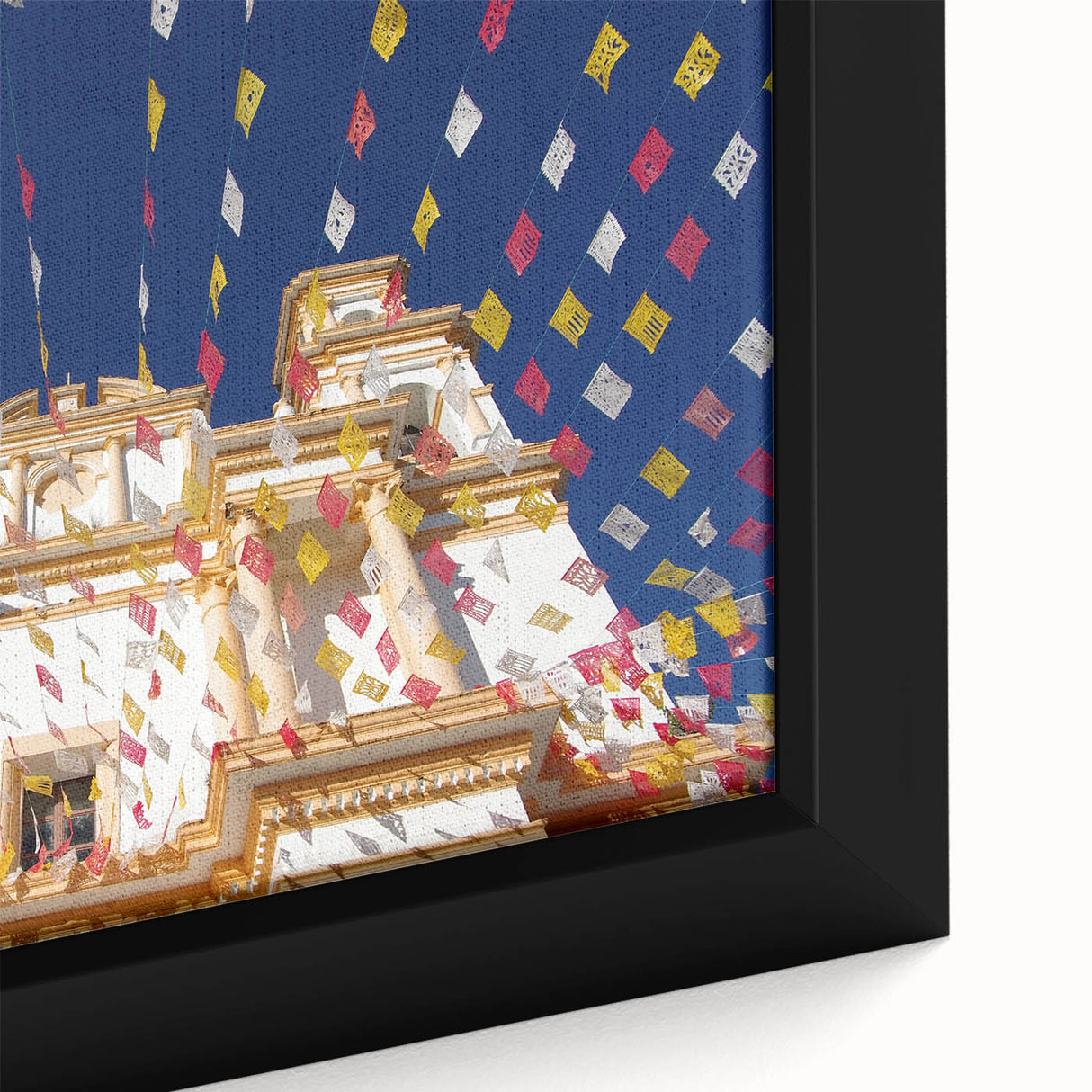Framed canvas depicting a textured, colorful depiction of Mexico City skyline on a black background.