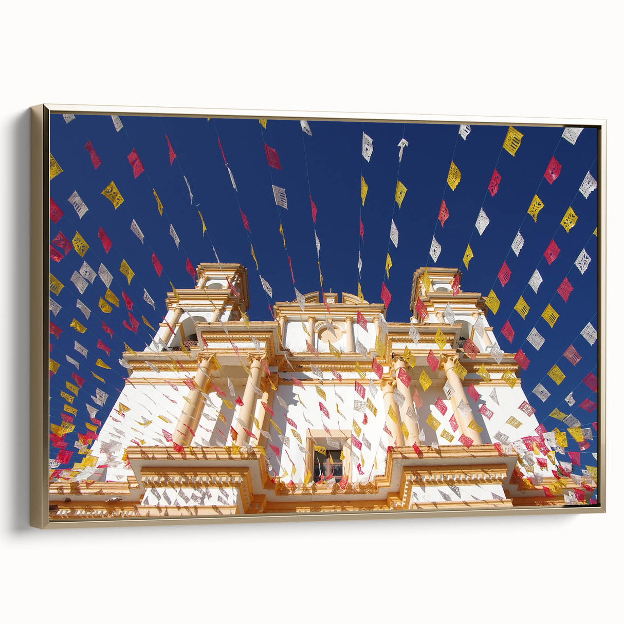 Framed canvas featuring a vintage-style landscape painting of Mexico City in black and gold tones.