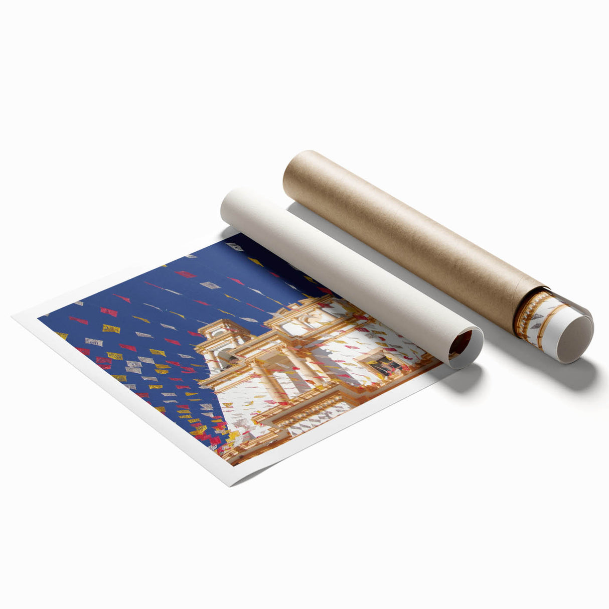Extra large rolled print of Mexico City skyline with vibrant floral accents, ideal for classy bathroom wall art.