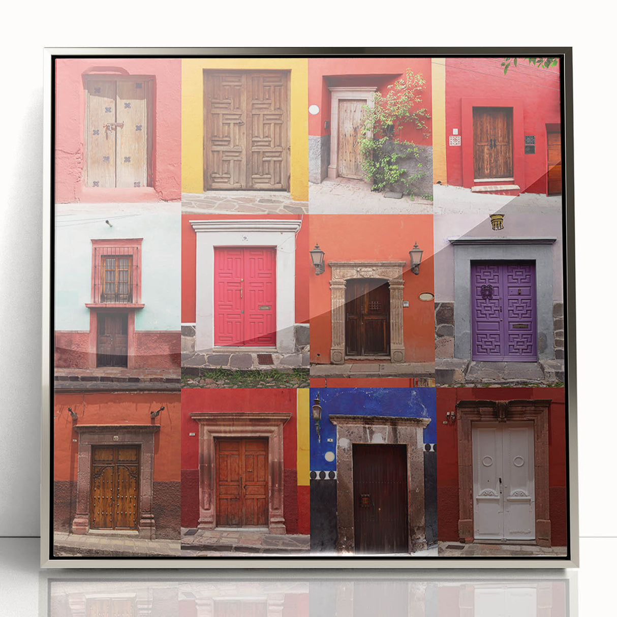 Framed acrylic print of Guanajuato, Mexico, featuring mid-century modernist art style with vibrant color palette.
