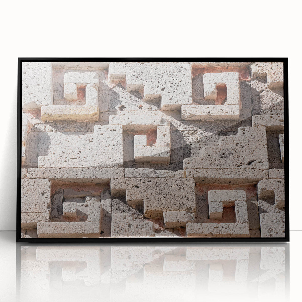Large abstract wall art depicting a colorful Oaxaca scenery in mid-century modernist style, framed in black acrylic.