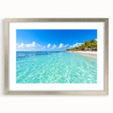 Textured abstract art print of Quintana Roo scenery in muted blue and green tones on a framed canvas.