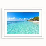 Abstract art print of Quintana Roo scenery in muted blue and green tones, framed with a white mat.