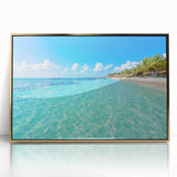 Mid-century modernist acrylic print of Quintana Roo scenery in gold frame, ideal for modern art wall decor.