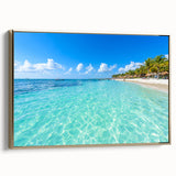 Framed canvas landscape art of Quintana Roo, Mexico, featuring vintage-style black and gold tones, ideal for bedroom decor.