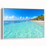 Vintage poster art of Quintana Roo scenery on a white-framed canvas, featuring vibrant colors, ideal for living room decor.