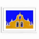 Abstract art print of Yucatan scenery in muted earth tones on a framed white mat, ideal for dining room decor.