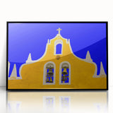 Large abstract wall art depicting a Yucatan scenery in vibrant colors, framed in black acrylic, suitable for modern decor.