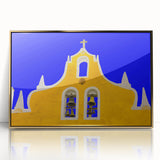 Acrylic print of Yucatán scenery with gold frame, featuring mid-century modernist style, ideal for nursery wall art.