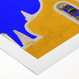 Art deco poster of Yucatán scenery on rolled canvas, featuring bright colors and geometric shapes.