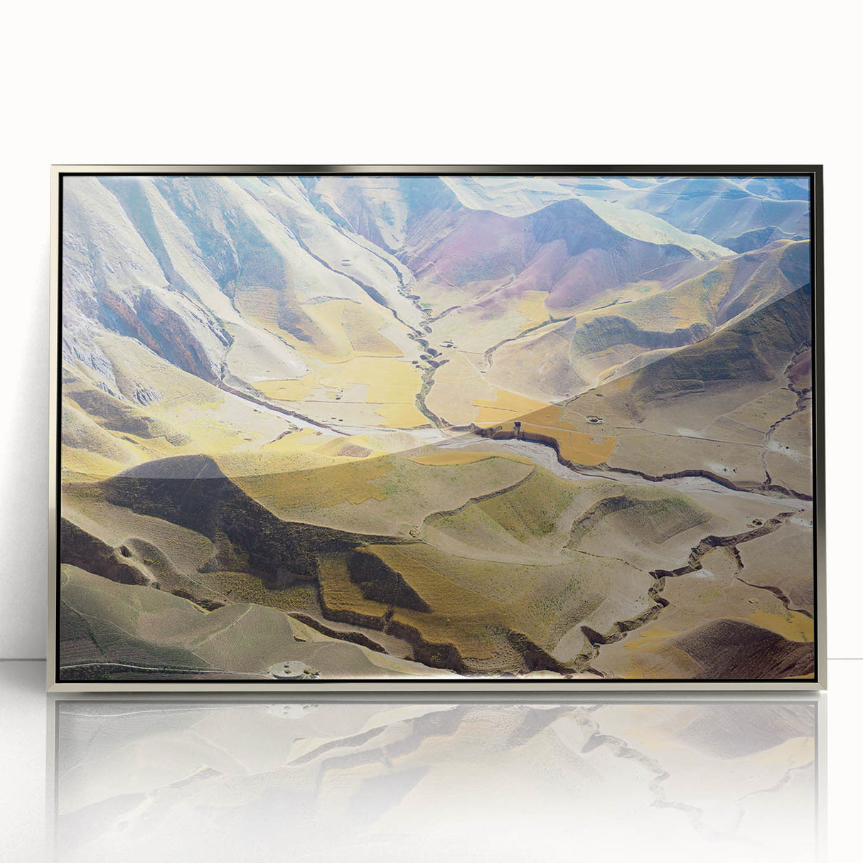 Mid-century modernist art depicting a serene Middle Eastern landscape in muted earth tones, framed acrylic.