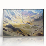 Mid-century modernist art depicting a serene Middle Eastern landscape in muted earth tones, framed acrylic.