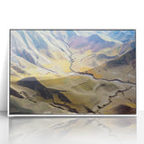 Acrylic print of a Middle Eastern desert scene in muted earth tones, framed in white, suitable for modern art wall decor.