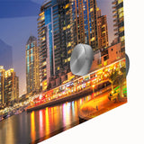 Large abstract acrylic print of Dubai skyline in muted earth tones.