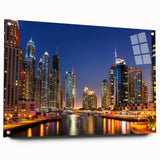Acrylic print of Dubai skyline, featuring large abstract designs in muted gray and blue tones.