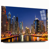 Acrylic print of Dubai skyline in muted earth tones, ideal for bedroom or dining room art.