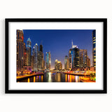 Abstract art print of Dubai skyline in vibrant, colorful hues on a large textured canvas, ideal for living room decor.