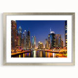 Textured art print of Dubai skyline in muted silver and blue tones on a framed canvas, suitable for bedroom art.