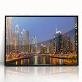 Large abstract wall art of Dubai skyline in muted gray and blue tones on a framed acrylic, ideal for modern office decor.