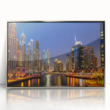 Mid-century modernist art of Dubai skyline in silver acrylic frame, ideal for modern art wall decor.