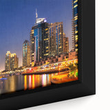 Black wall art depicting Dubai skyline in colorful, textured style on extra large framed canvas, suitable for living room.